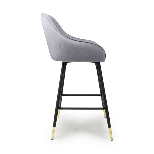 Set Of 2 Bryce Brushed Grey Velvet Bar Stools With Black And Gold Legs