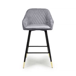 Bryce Brushed Grey Velvet Bar Stool With Black And Gold Legs