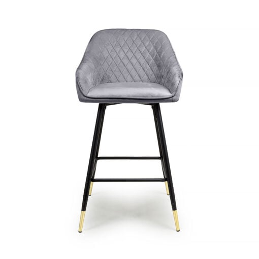 Set Of 2 Bryce Brushed Grey Velvet Bar Stools With Black And Gold Legs