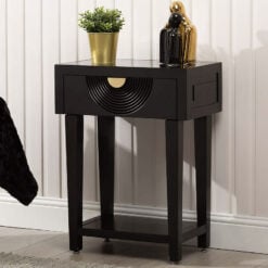Gabriella 1 Drawer Black Wood Side Table With Clear Mirror Top