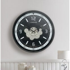 Large 60cm Black Grey Moving Gears Wall Clock