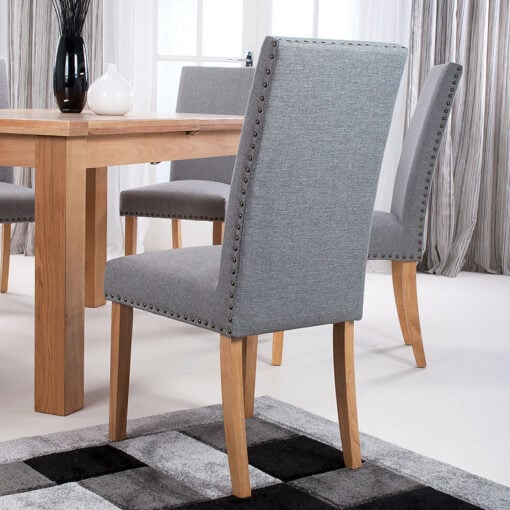 Set Of 2 Paxton Silver Grey High Back Studded Linen Effect Dining Chairs With Natural Wood Legs