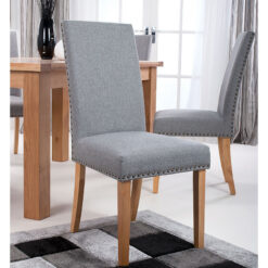 Set Of 2 Paxton Silver Grey High Back Studded Linen Effect Dining Chairs With Natural Wood Legs