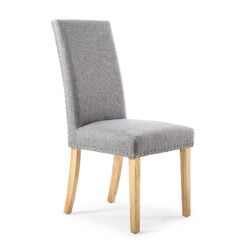 Paxton Silver Grey High Back Studded Linen Effect Dining Chair With Natural Wood Legs