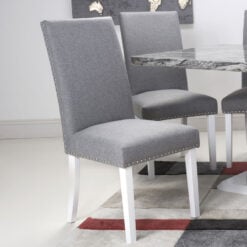 Paxton Silver Grey High Back Studded Linen Effect Dining Chair With White Legs