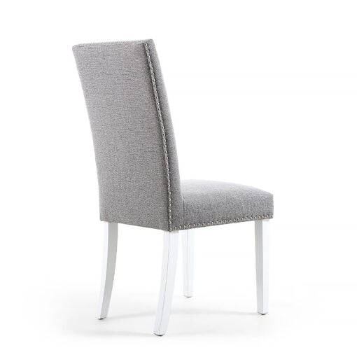 Set Of 2 Paxton Silver Grey High Back Studded Linen Effect Dining Chairs With White Legs