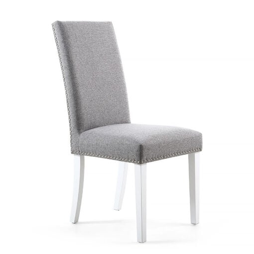 Set Of 2 Paxton Silver Grey High Back Studded Linen Effect Dining Chairs With White Legs