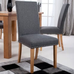 Set Of 2 Paxton Steel Grey High Back Studded Linen Effect Dining Chairs With Natural Wood Legs