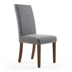 Paxton Steel Grey High Back Studded Linen Effect Dining Chair With Walnut Legs