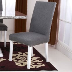 Set Of 2 Paxton Steel Grey High Back Studded Linen Effect Dining Chairs With White Legs