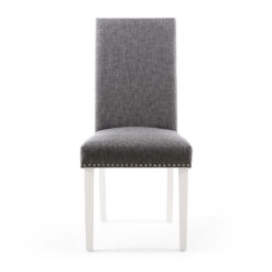 Paxton Steel Grey High Back Studded Linen Effect Dining Chair With White Legs