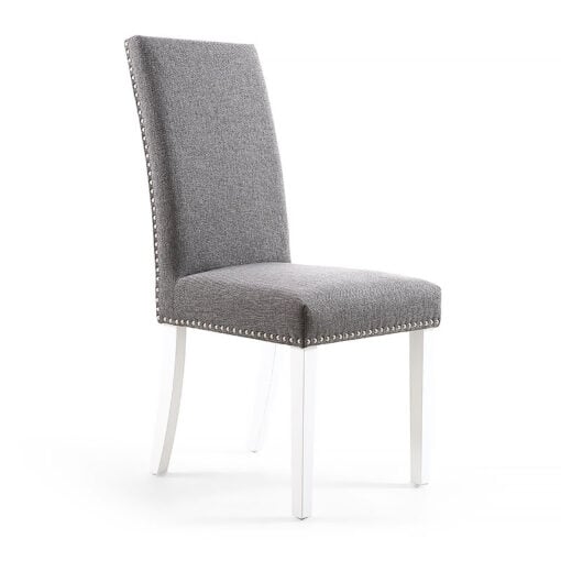Paxton Steel Grey High Back Studded Linen Effect Dining Chair With White Legs