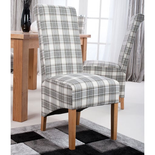 Set Of 2 Selma High Scroll Back Cappuccino Herringbone Tartan Check Dining Chairs