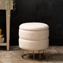 White Boucle Round Storage Pouffe Stool with Gold Metal Legs