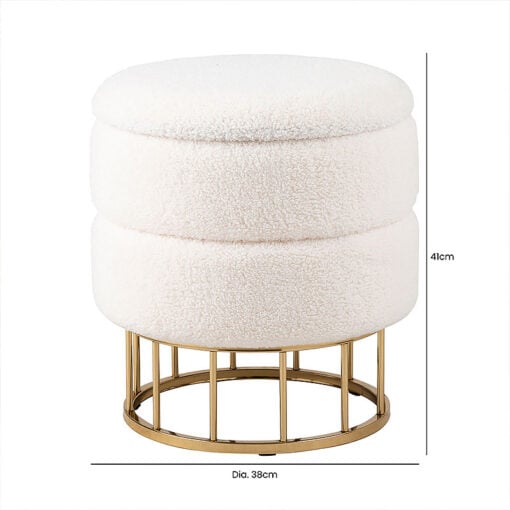 White Boucle Round Storage Pouffe Stool with Gold Metal Legs