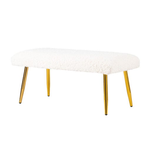 White Boucle Upholstered Vanity Bench With Gold Metal Legs