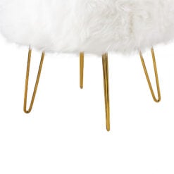 White Faux Fur Ottoman Stool with Gold Hairpin Legs