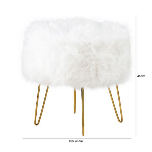 White Faux Fur Ottoman Stool with Gold Hairpin Legs