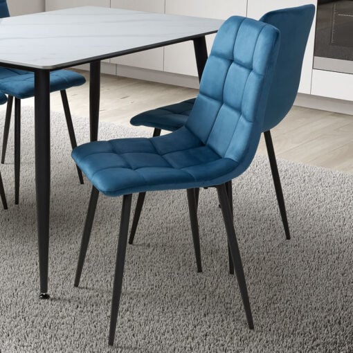 Set Of 4 Amalfi Blue Brushed Velvet Dining Chairs With Black Metal Legs