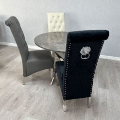 Anne High Back Grey PU Faux Leather And Chrome Dining Chair With Lion Knocker