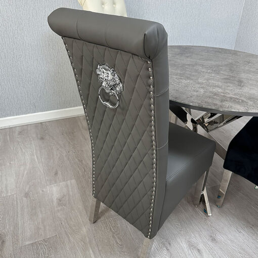 Anne High Back Grey PU Faux Leather And Chrome Dining Chair With Lion Knocker