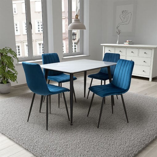 Set Of 4 Astoria Blue Brushed Velvet Dining Chairs With Black Legs