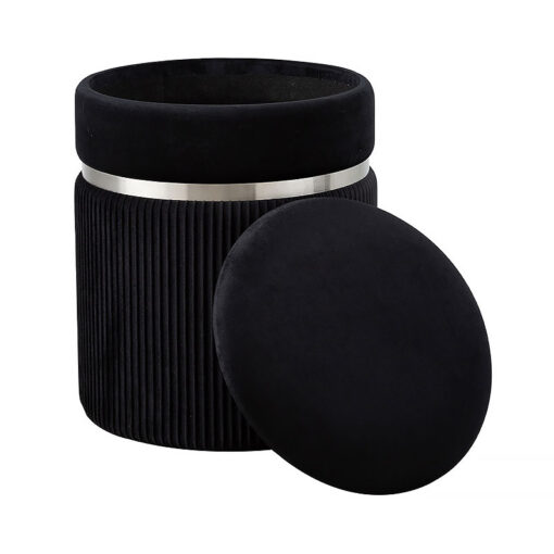 Black Patterned Velvet And Chrome Storage Stool Footstool