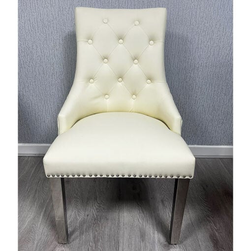 Camilla Cream White PU Faux Leather Dining Chair With Lion Ring Knocker