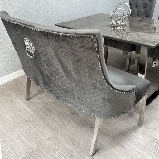 Camilla Grey Velvet And Chrome Dining Bench With Lion Ring Knocker