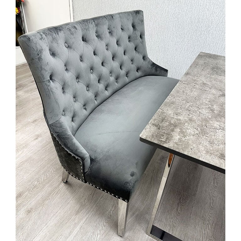 Camilla Grey Velvet And Chrome Dining Bench With Lion Ring Knocker