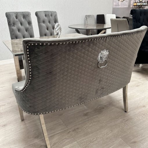 Camilla Grey Velvet And Chrome Dining Bench With Lion Ring Knocker
