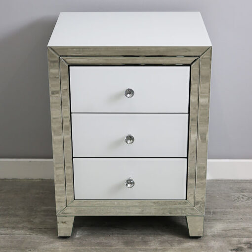 Madison White Glass 3 Drawer Mirrored Bedside Cabinet Bedside Table