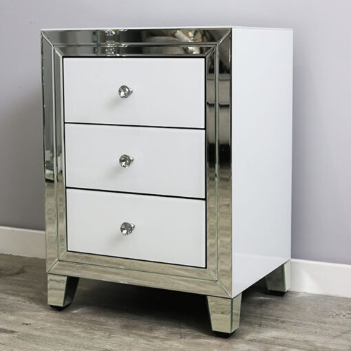 Madison White Glass 3 Drawer Mirrored Bedside Cabinet Bedside Table