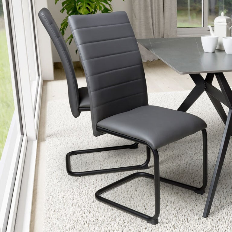 Set Of 4 Wyatt Grey Faux Leather Cantilever Dining Chairs With Black