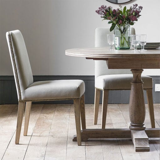 Set Of 2 Bronte Grey Natural Linen Studded Dining Chairs With Ash Wood Legs