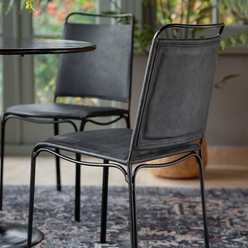 Set Of 2 Dover Industrial Black Genuine Leather Dining Chairs With Black Legs