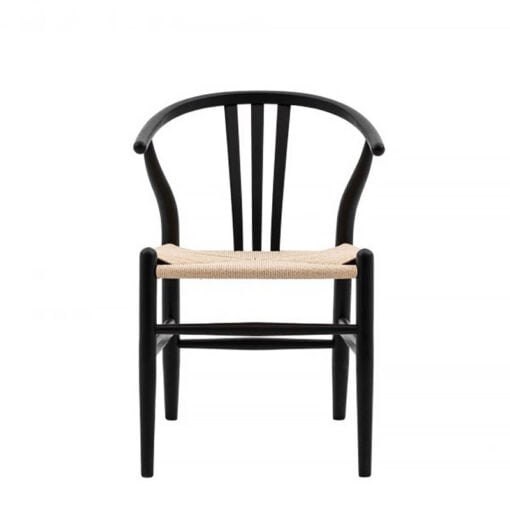 Set Of 2 Fraser Black Elm Wood Wishbone Dining Chairs With Handwoven Seat
