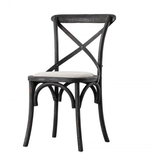 Set Of 2 French Country Cottage Black Oak Wood Dining Chairs With Linen Seat
