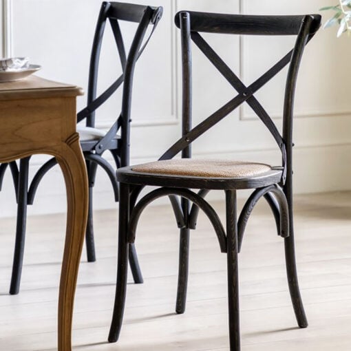 Set Of 2 French Country Cottage Black Oak Wood Dining Chairs With Rattan Seat