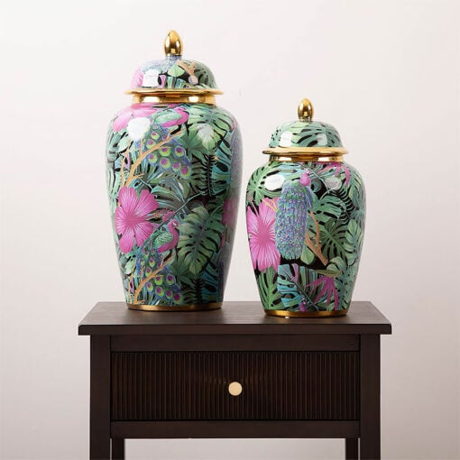 Green And Pink Floral Palm Leaves Ceramic Ginger Jar With Lid 33cm