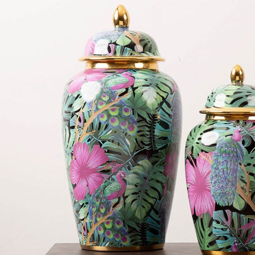 Green And Pink Floral Palm Leaves Ceramic Ginger Jar With Lid 43cm