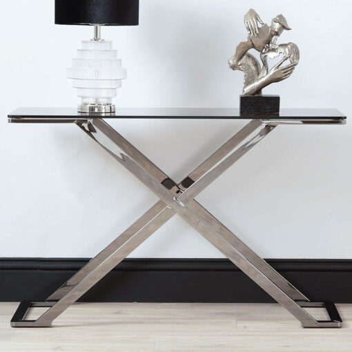 Roswell Premium Grey Gunmetal And Smoked Glass Console Table