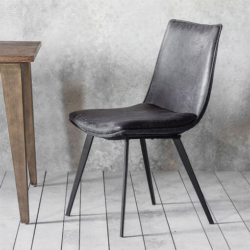 Set Of 2 Utah Dark Grey Faux Leather Industrial Dining Chairs With Black Legs