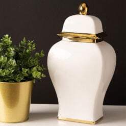 White And Gold Ceramic Ginger Jar With Lid 35cm