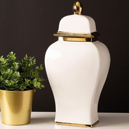 White And Gold Ceramic Ginger Jar With Lid 43cm