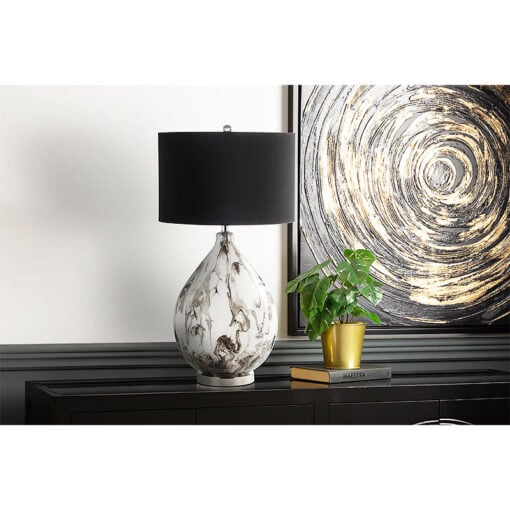 Abstract Black And White Glass Table Lamp With Black Linen Shade 79cm