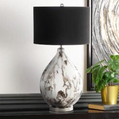Abstract Black And White Glass Table Lamp With Black Linen Shade 79cm