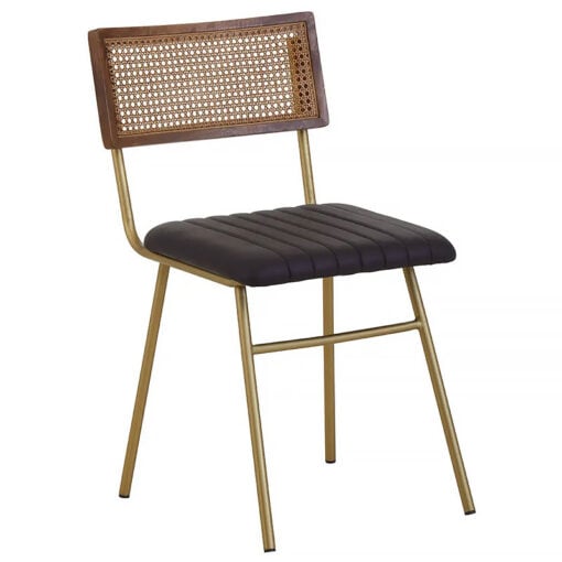 Set Of 2 Amerie Genuine Black Leather And Rattan Dining Chairs With Gold Legs
