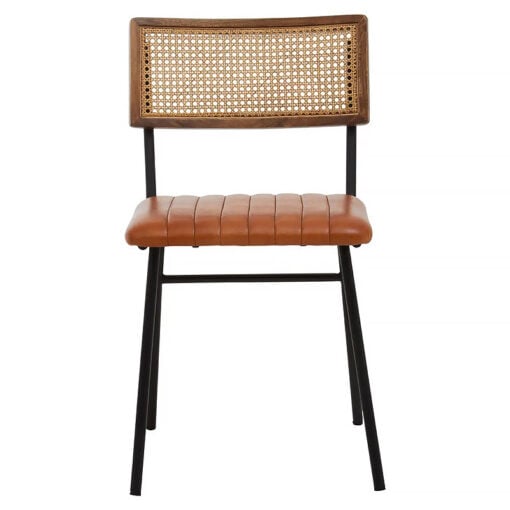 Set Of 2 Amerie Industrial Genuine Tan Leather And Rattan Cane Dining Chairs
