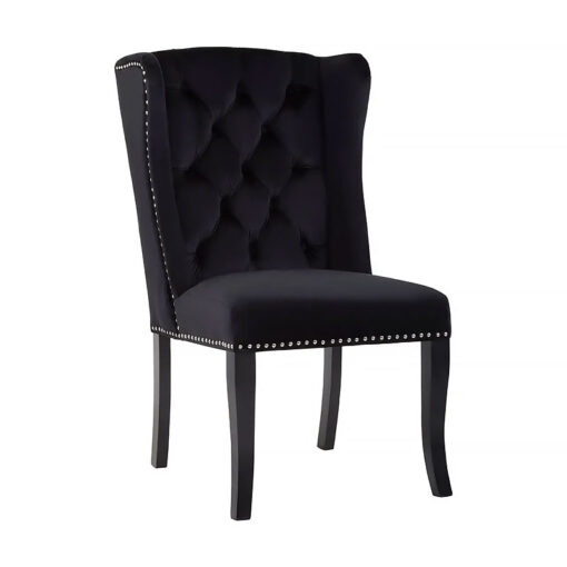 Set Of 2 Elmira Black Velvet Tufted Winged Studded High Back Dining Chairs